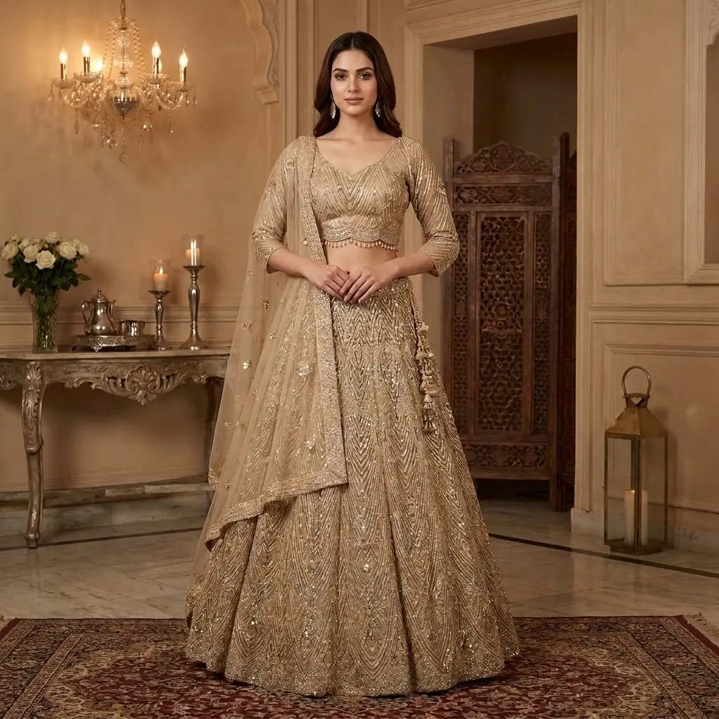 Champagne Gold Sequin and Cutdana Embroidered Net Lehenga Set