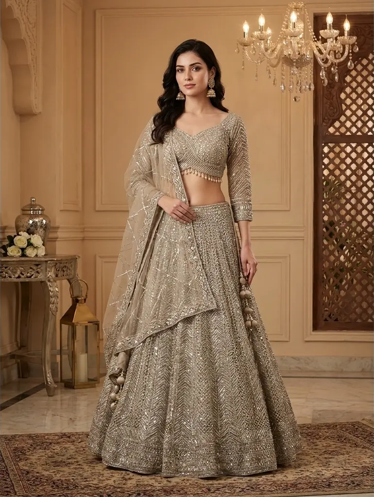 Champagne Silver Heavily Embellished Net Lehenga Choli Set 