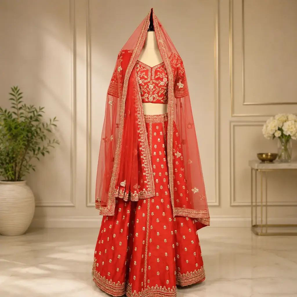 Women's Red Embroidered Lehenga Choli with Net Dupatta