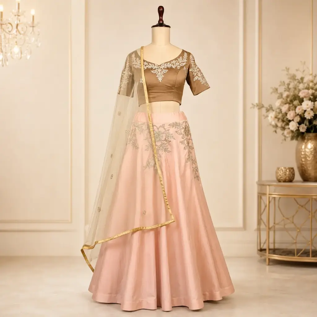 Women's Peach Lehenga Choli with Taupe Embroidered Blouse & Net Dupatta for Wedding Festive Wear Set