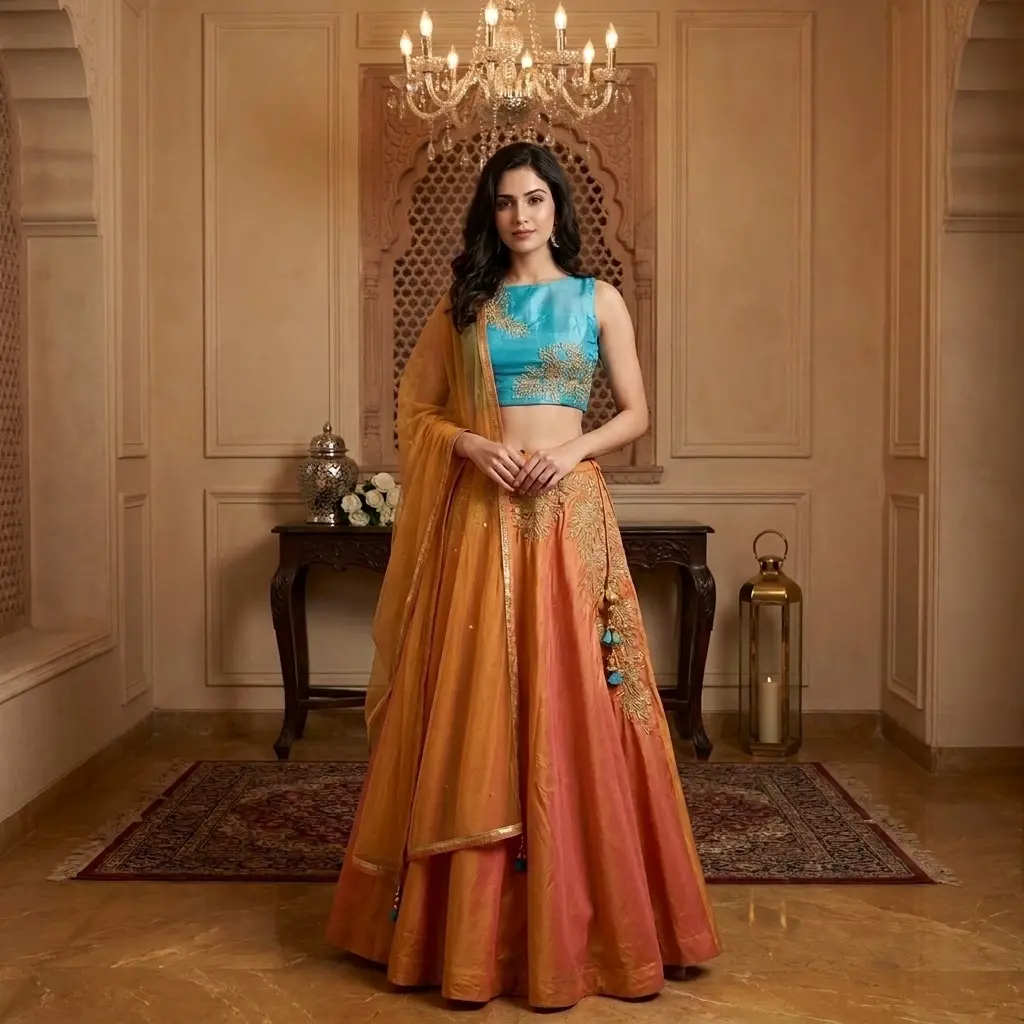 Turquoise and Peach Raw Silk Embroidered Lehenga Choli Set
