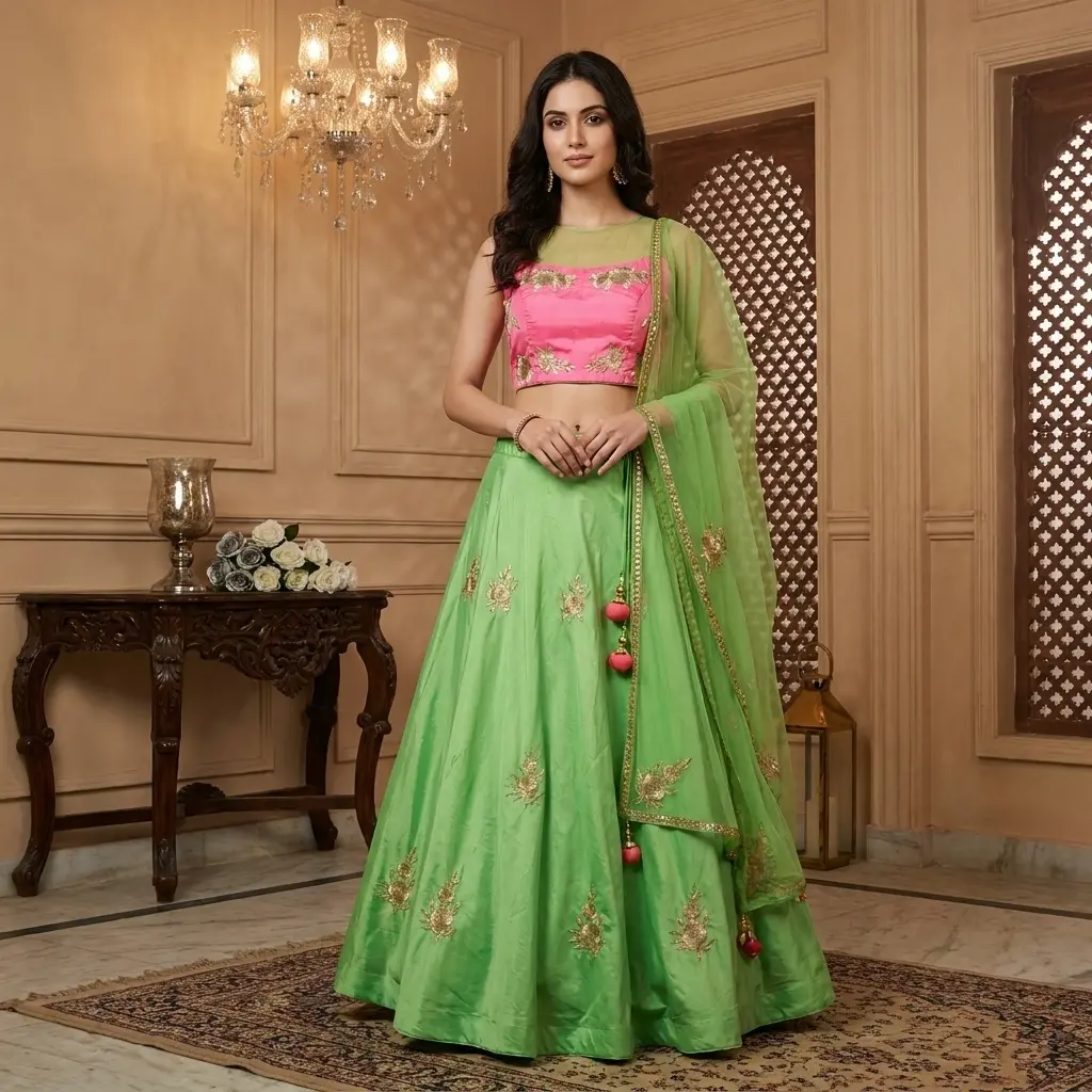 Parrot Green and Rani Pink Embroidered Silk Lehenga Choli Set 