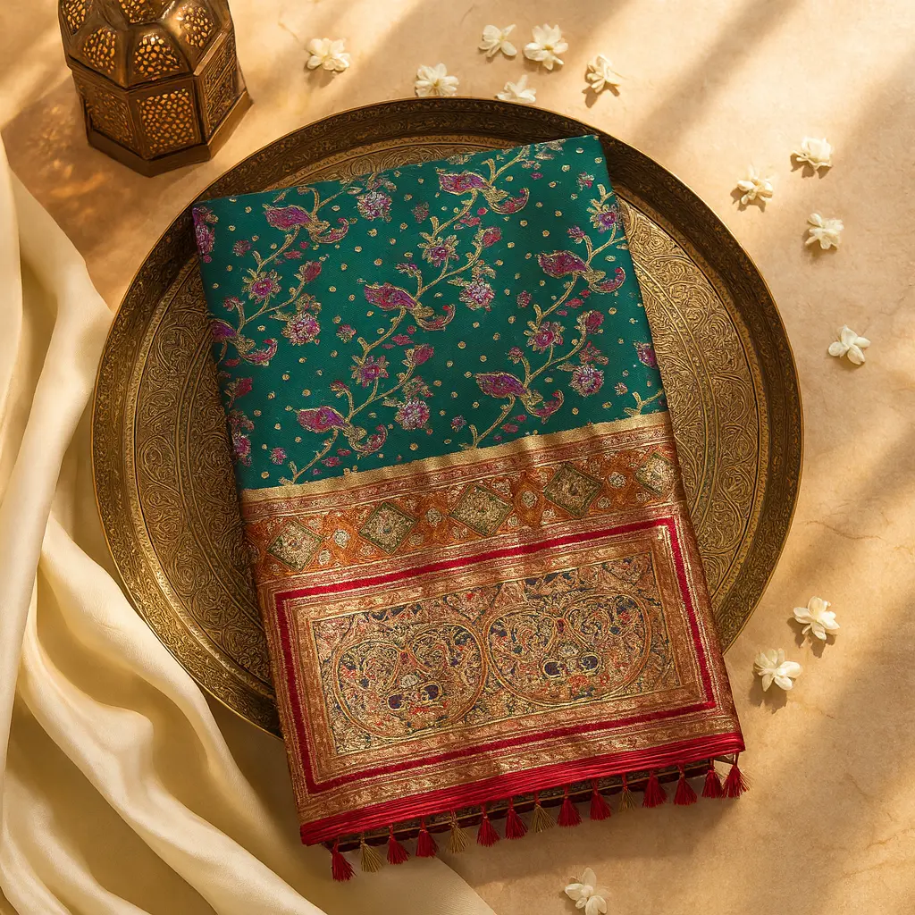 Elegant Green Peacock Motif Silk Saree with Zari Border