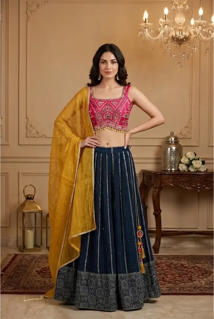 Navy Blue and Rani Pink Embroidered Lehenga Choli Set