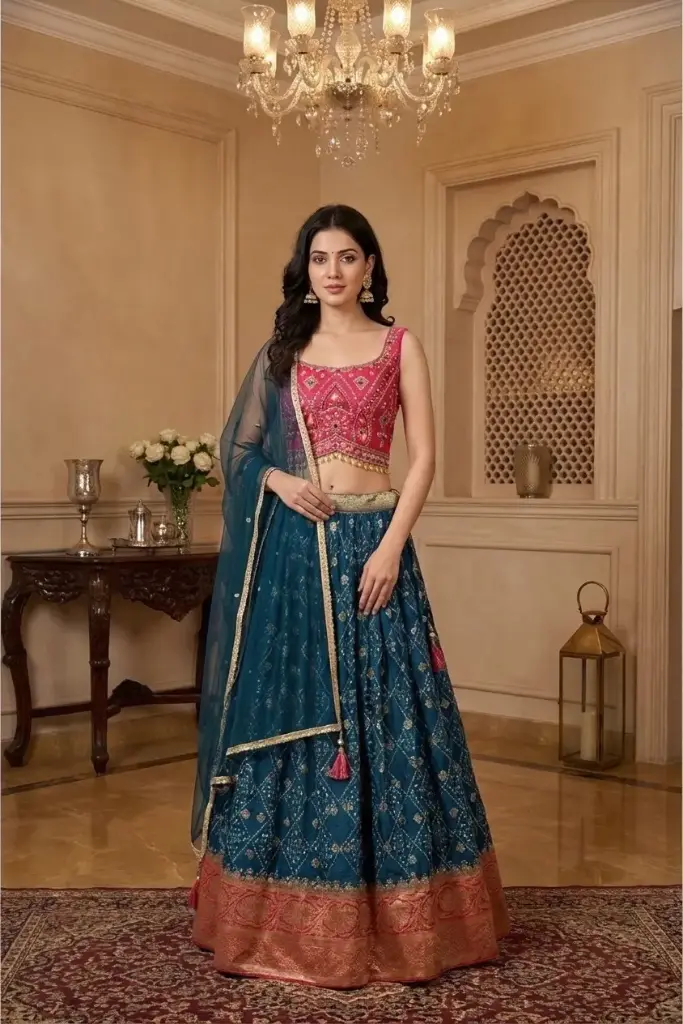 Peacock Blue and Rani Pink Bandhani Lehenga Choli Set