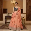Navy Blue Embroidered Blouse with Peach Silk Lehenga Set