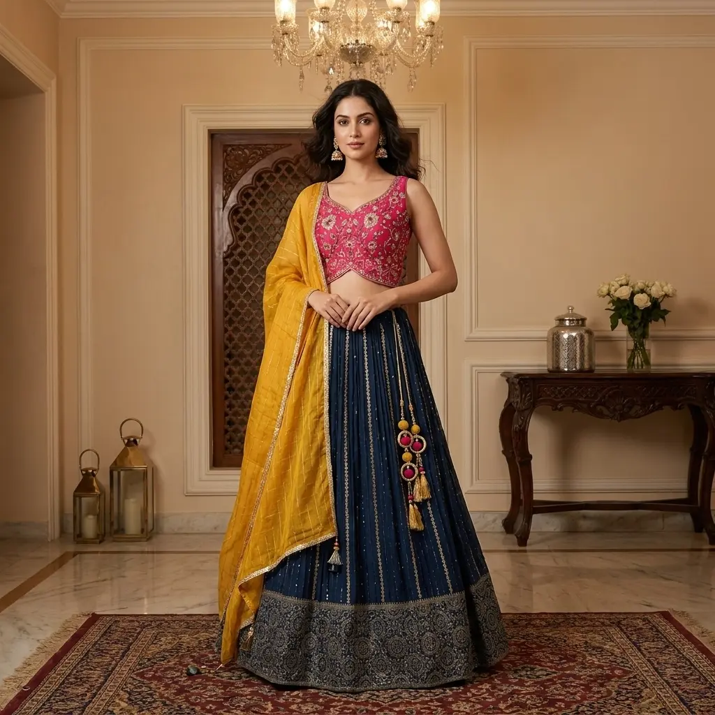 Navy Blue Georgette Lehenga with Pink Embroidered Choli