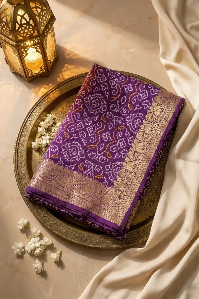Royal Purple Pure Georgette Bandhani Saree with Banarasi Border