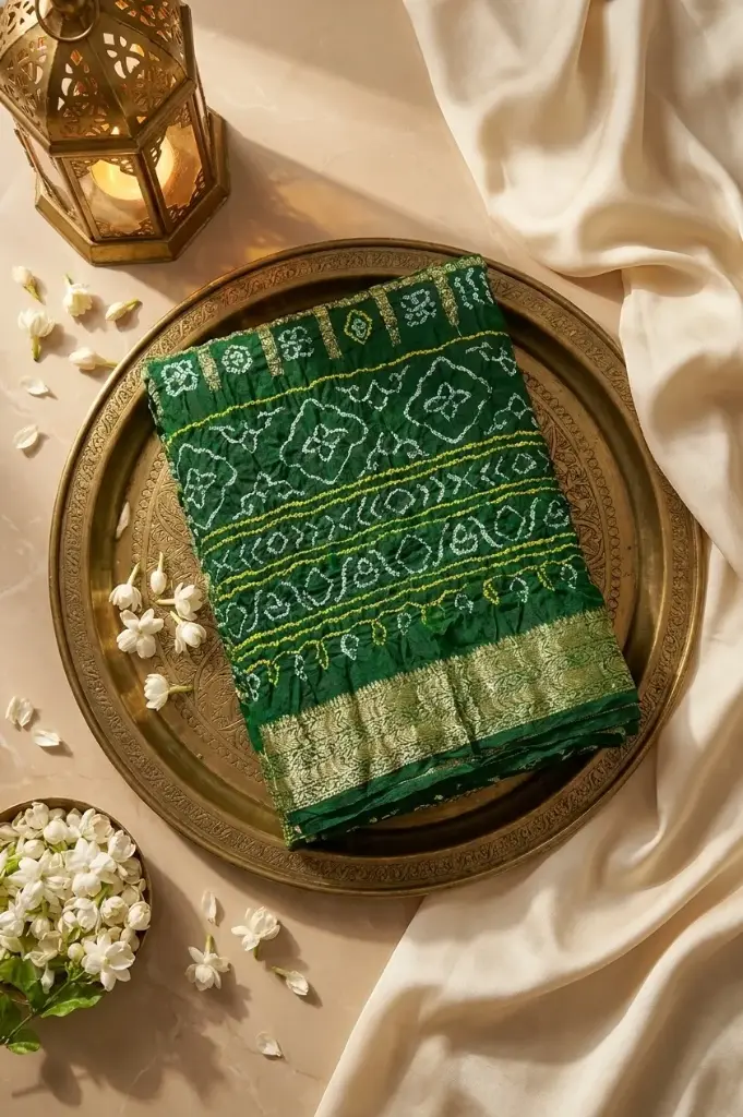 Emerald Green Bandhani Saree with Nakshi Zari Checks