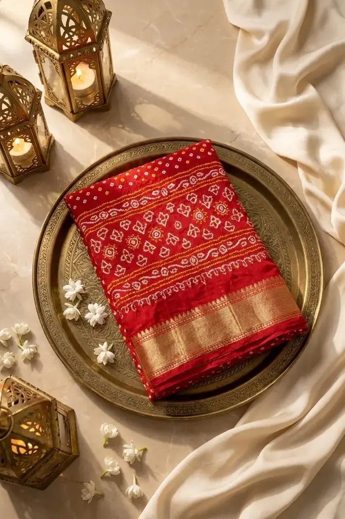 Crimson Red Gajji Silk Bandhani Saree with Zari Border