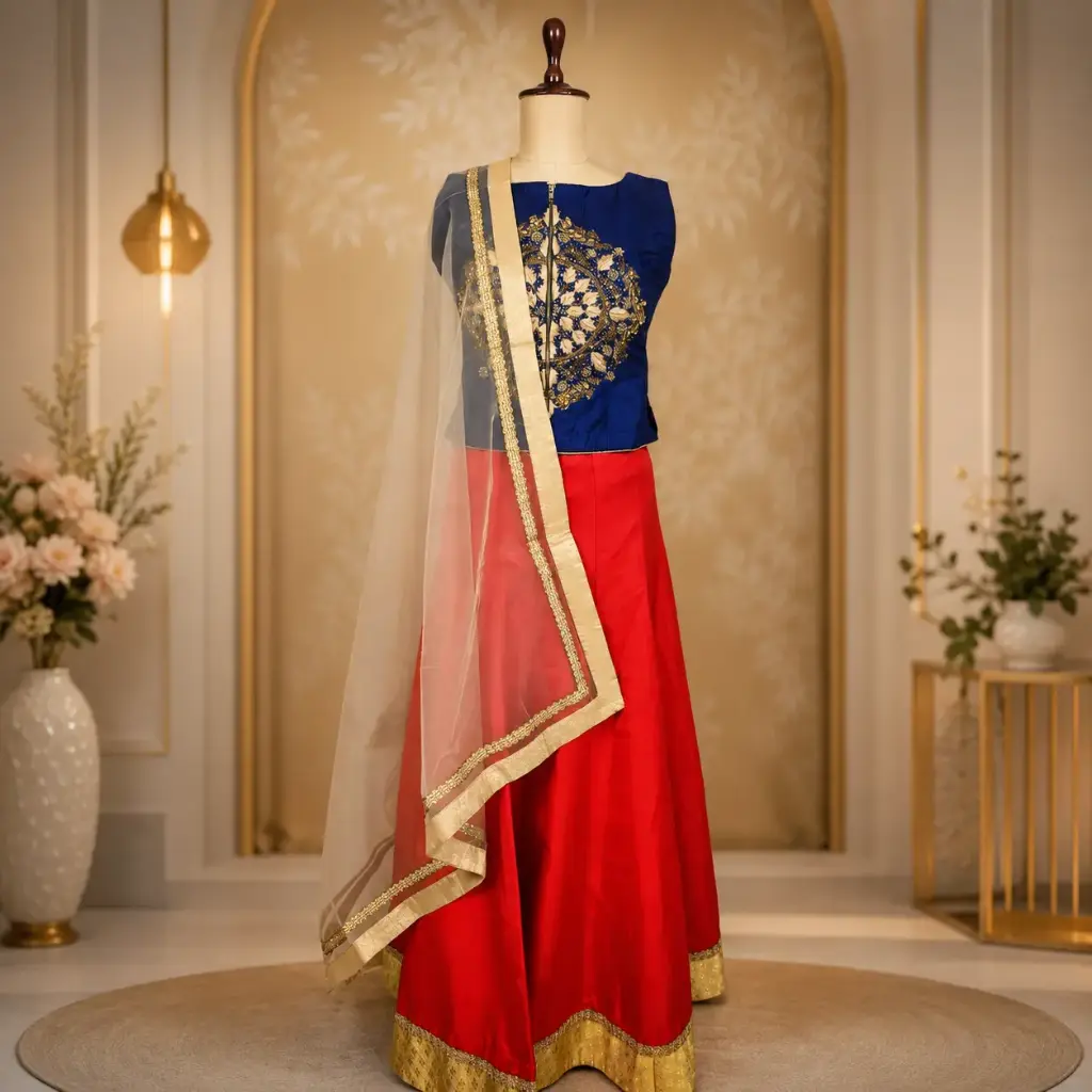 Women's Red Lehenga Choli with Royal Blue Embroidered Blouse & Net Dupatta for Wedding Festive Wear