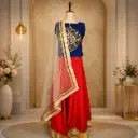 Women's Red Lehenga Choli with Royal Blue Embroidered Blouse & Net Dupatta for Wedding Festive Wear