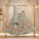 Women's Ice Blue Lehenga Choli with Floral Peacock Embroidery and Net Dupatta