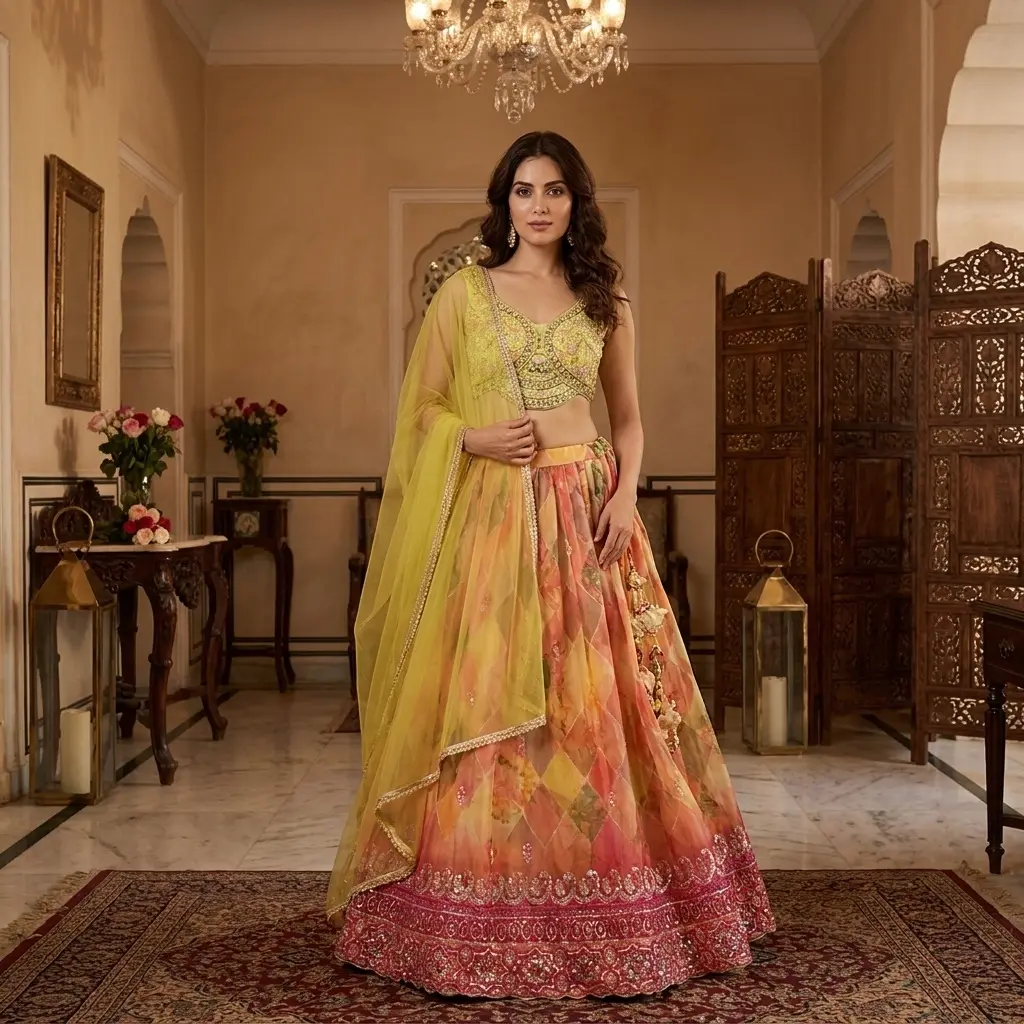 Lime Yellow Embellished Crop Top and Printed Organza Lehenga Set
