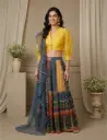 Yellow Puff-Sleeve Crop Top with Multi-Printed Pleated Skirt