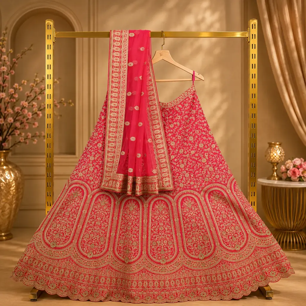 Women's Pink Bridal Lehenga Choli with Gold Floral Embroidery and Net Dupatta