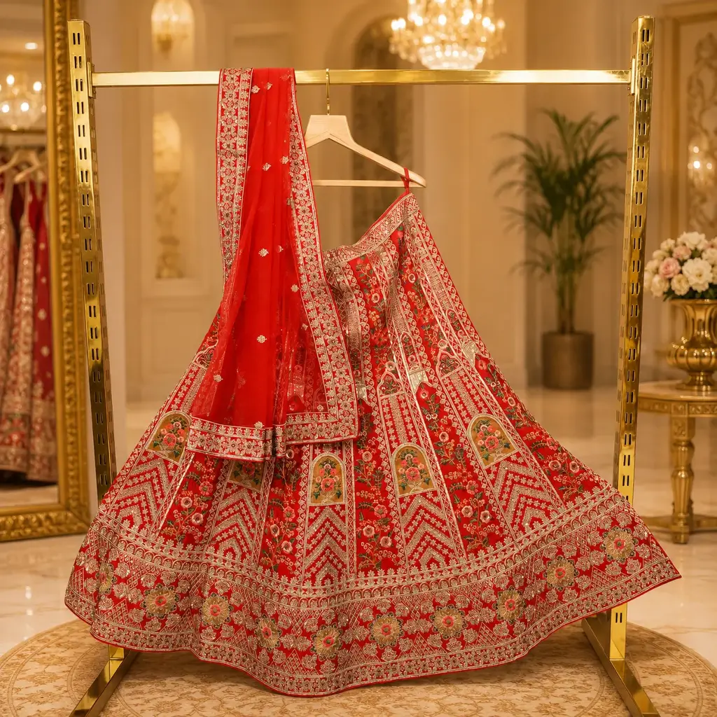 Women's Red Bridal Lehenga Choli with Floral Embroidery and Net Dupatta