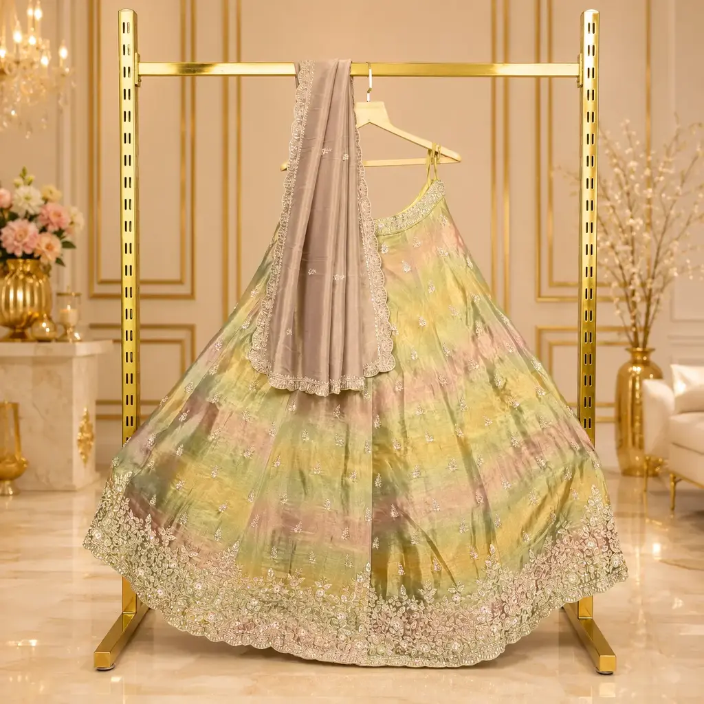 Women's Pastel Green Lehenga Choli with Silver Floral Embroidery and Mauve Dupatta