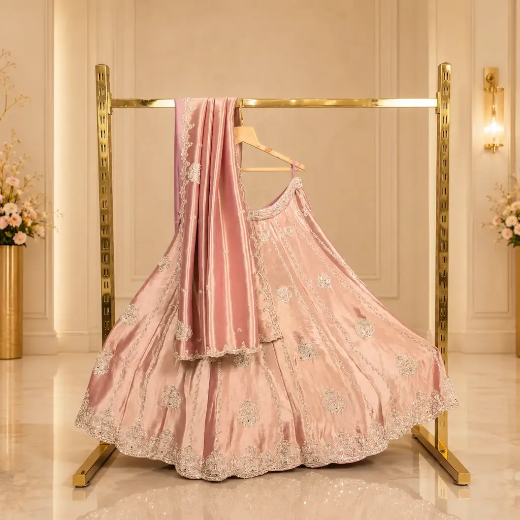 Women's Rose Gold Embroidered Lehenga Choli with Matching Dupatta