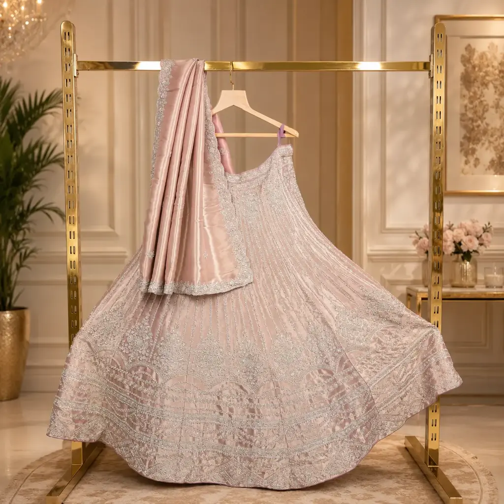 Women's Blush Pink Bridal Lehenga Choli with Silver Embroidery and Matching Dupatta