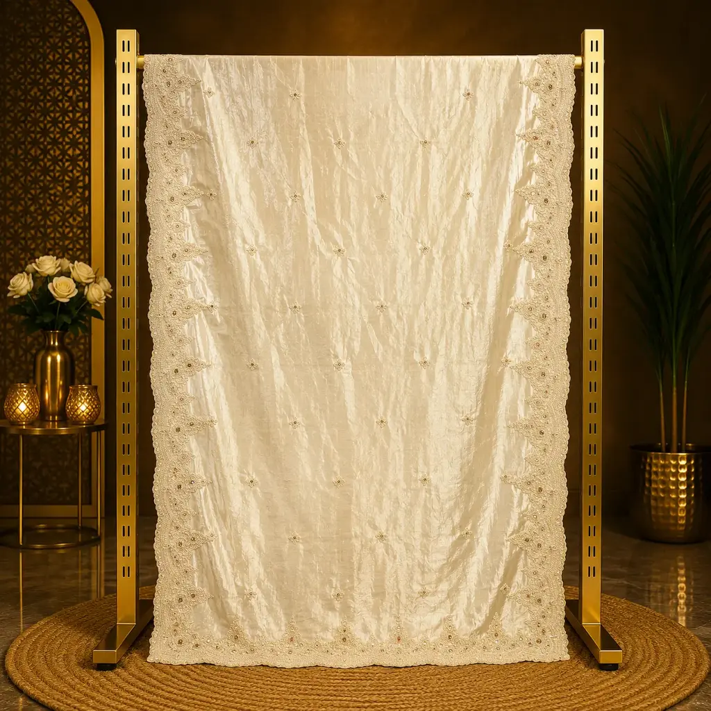 Women's Ivory Saree with Pearlwork Embroidery and Scalloped Designer Border