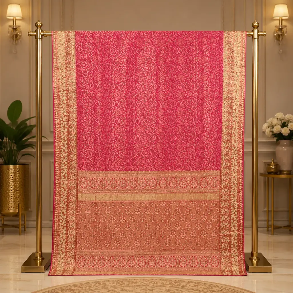 Rani Pink Saree with Gold Floral Weave and Ornate Pallu Border