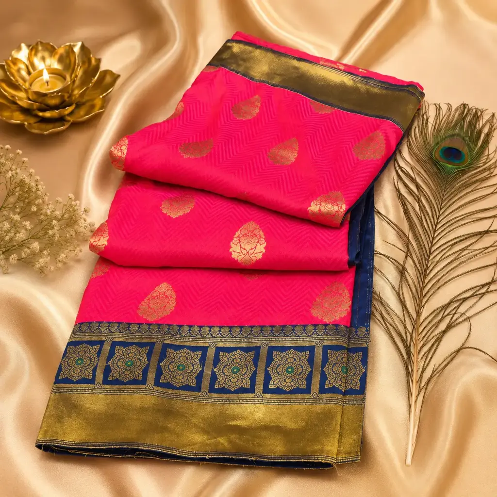 Women's Hot Pink Silk Blend Saree with Royal Blue Zari Border
