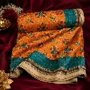 Mustard Orange Printed Saree with Teal Border Festive Traditional Ethnic Wear