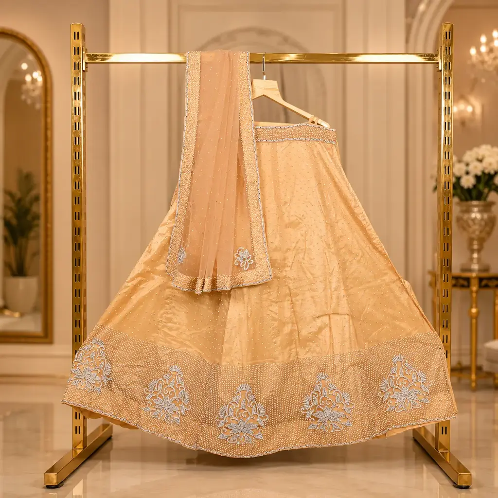 Women's Peach Gold Lehenga Choli with Crystal Work & Matching Dupatt