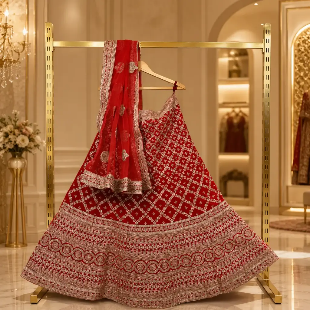 Women's Red Bridal Lehenga Choli with Heavy Embroidery and Matching Net Dupatta