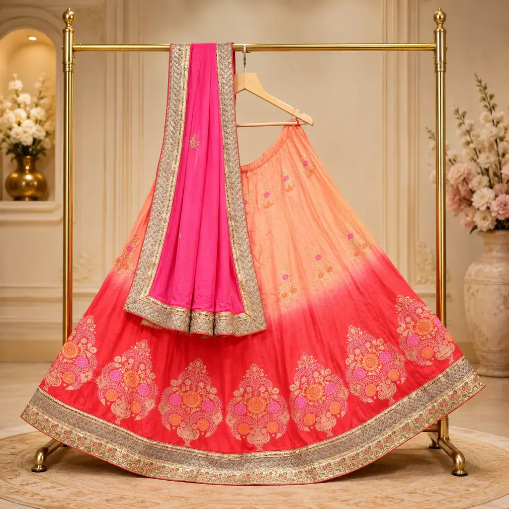 Women's Peach Coral Ombre Lehenga Choli with Gold Embroidery and Pink Dupatta