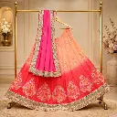 Women's Peach Coral Ombre Lehenga Choli with Gold Embroidery and Pink Dupatta