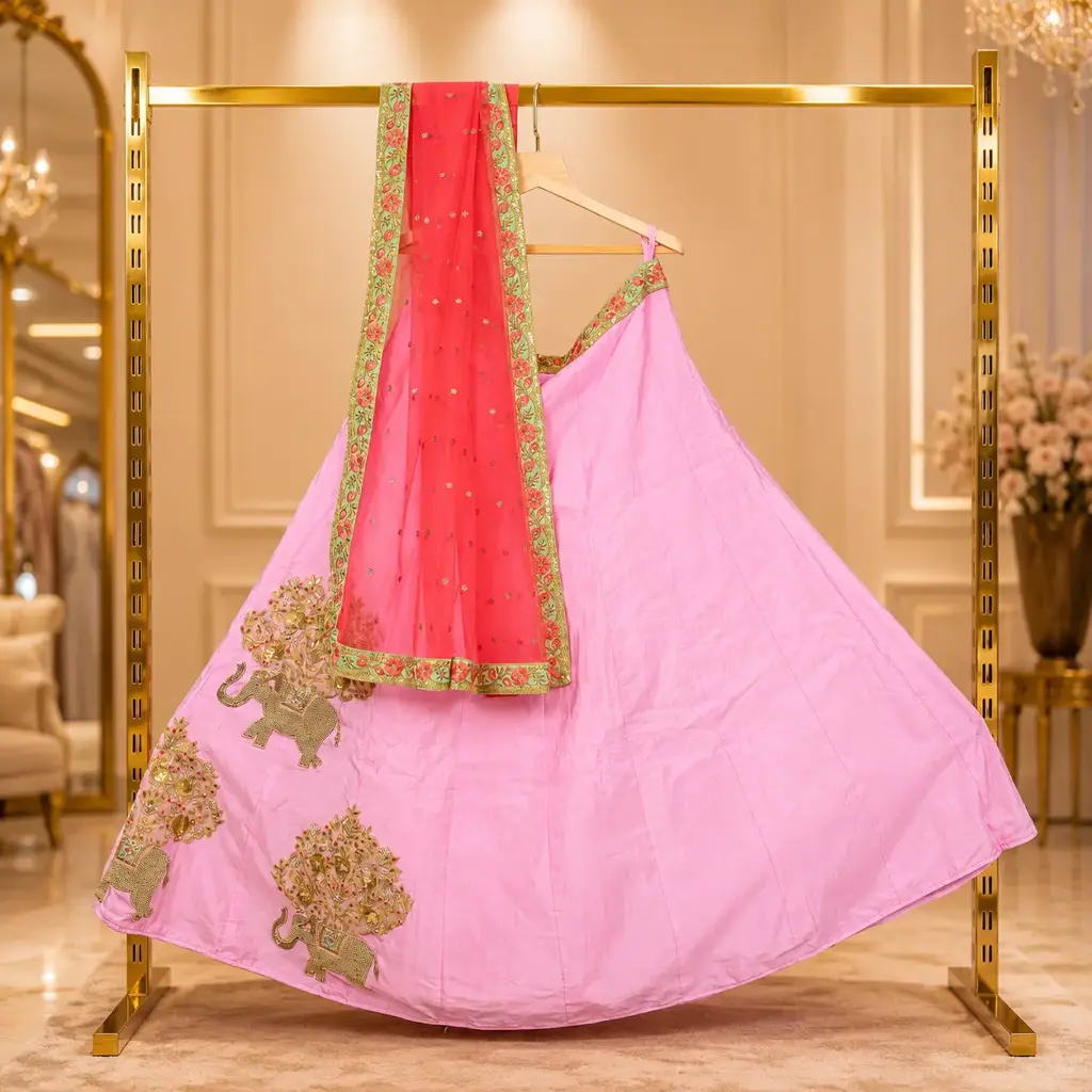Women's Pink Lehenga Choli with Elephant Embroidery and Red Net Dupatta