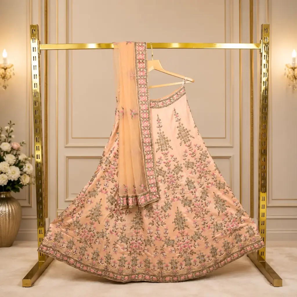 Women's Peach Lehenga Choli with Floral Embroidery & Net Dupatta