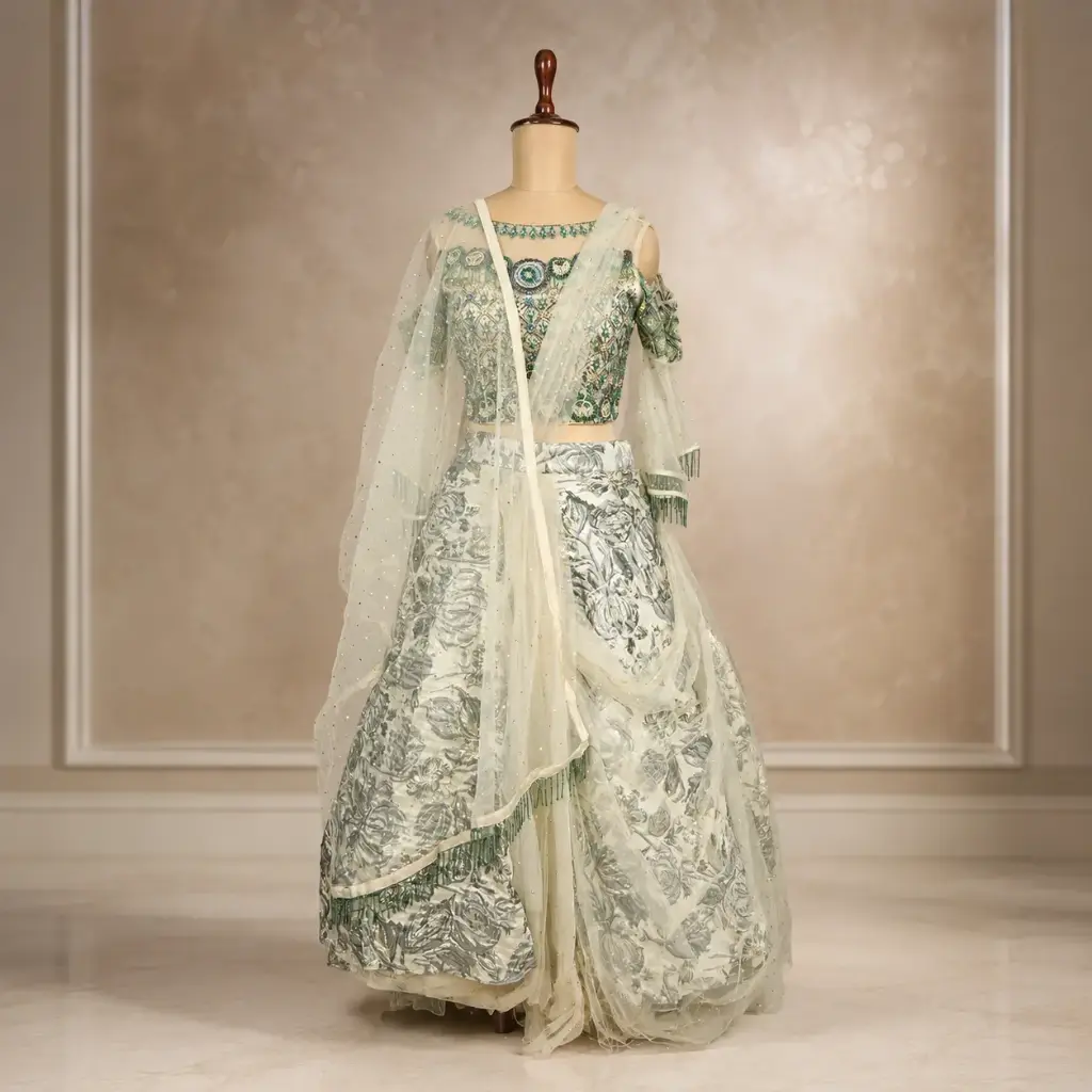 Women's Ivory Silver Floral Lehenga Choli with Net Dupatta for Wedding Reception & Festive Wear Set