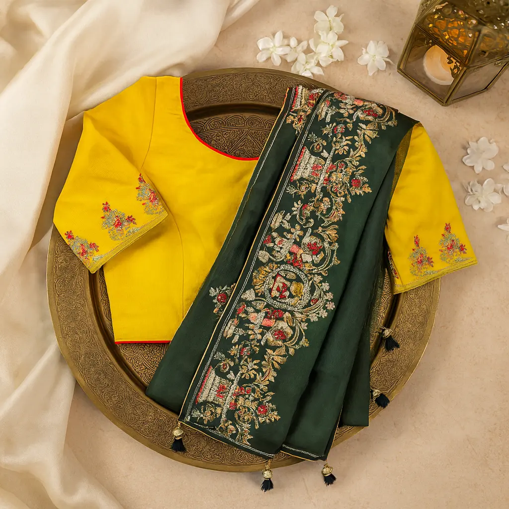 Exquisite Dark Green Hand-Embroidered Festive Designer Silk Saree