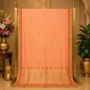 Women's Peach Saree with Golden Butis, Red Embroidered Border and Floral Pallu