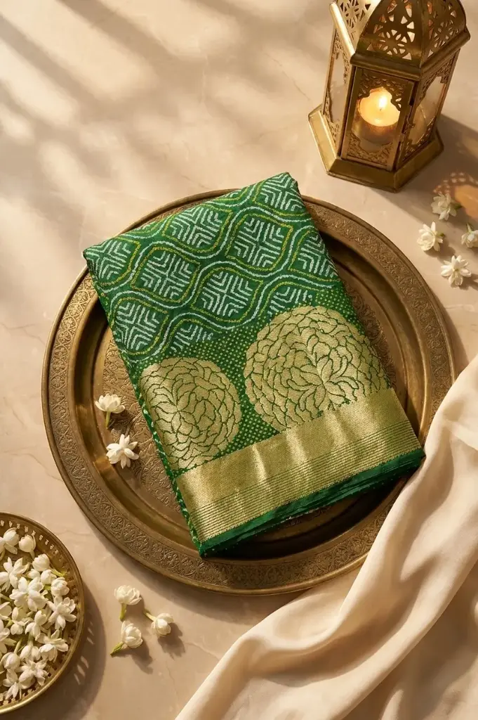 Emerald Green Bandhani Georgette Saree with Zari Weave