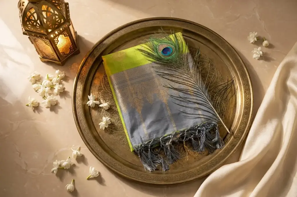 Lime Green and Slate Grey Pure Silk Zari Saree