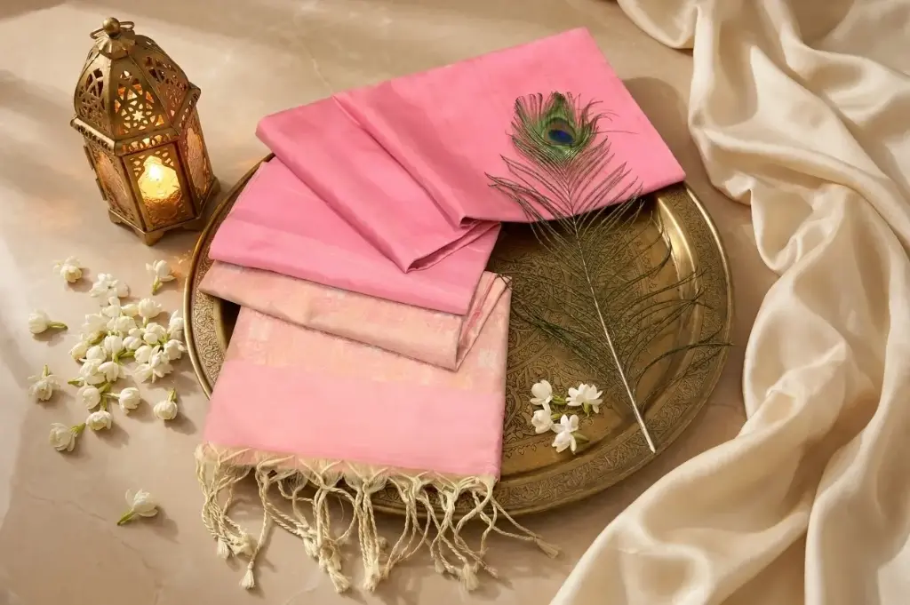 Pastel Pink Soft Silk Saree with Gold Zari Border