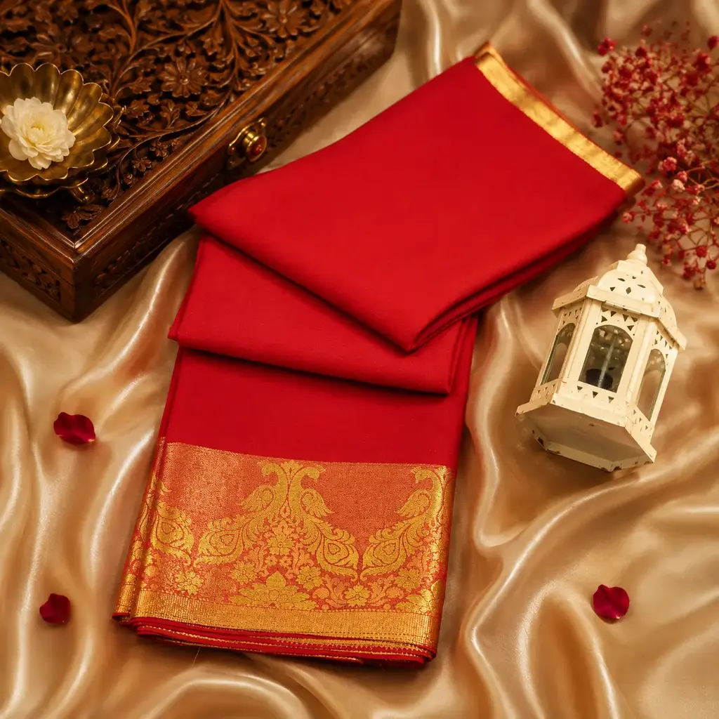 Elegant Red Silk Blend Saree with Rich Golden Zari Border