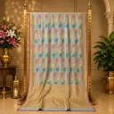 Women's Sky Blue Saree with Multicolor Floral Stripes and Golden Woven Pallu