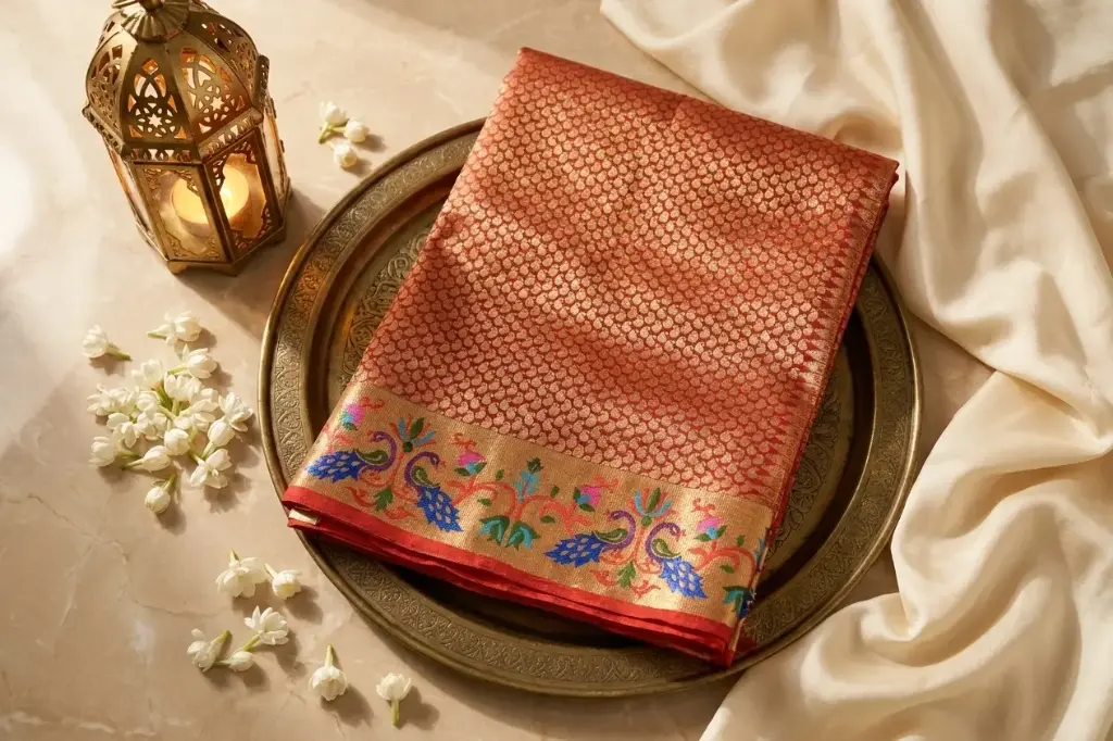 Crimson Red Paithani Silk Saree with Zari Peacocks