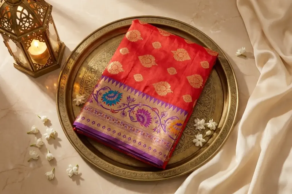Red and Purple Silk Saree with Meenakari Paithani Border