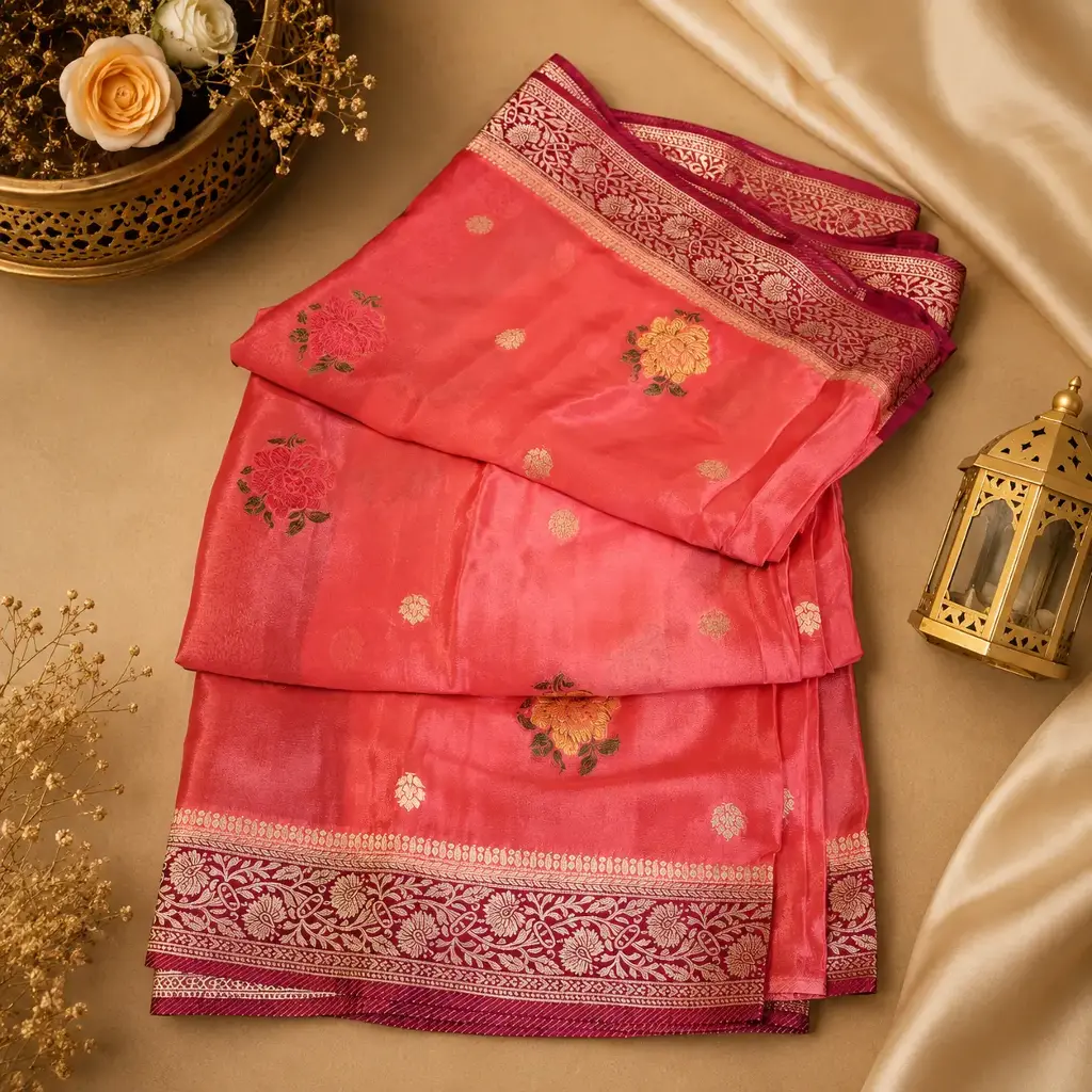 Elegant Coral Pink Banarasi Silk Saree with Floral Buttis & Rich Zari Border