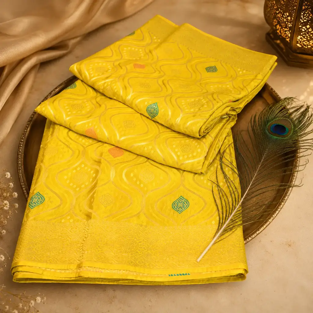 Mustard Yellow Banarasi Silk Saree with Geometric Zari Weaving & Elegant Border