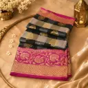 Charcoal Grey Banarasi Silk Saree with Gold Zari Checks & Rani Pink Floral Border Elegant Wear 