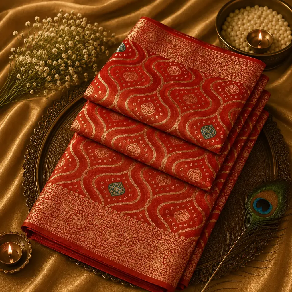 Coral Red Banarasi Silk Saree with Geometric Zari Weaving & Rich Border