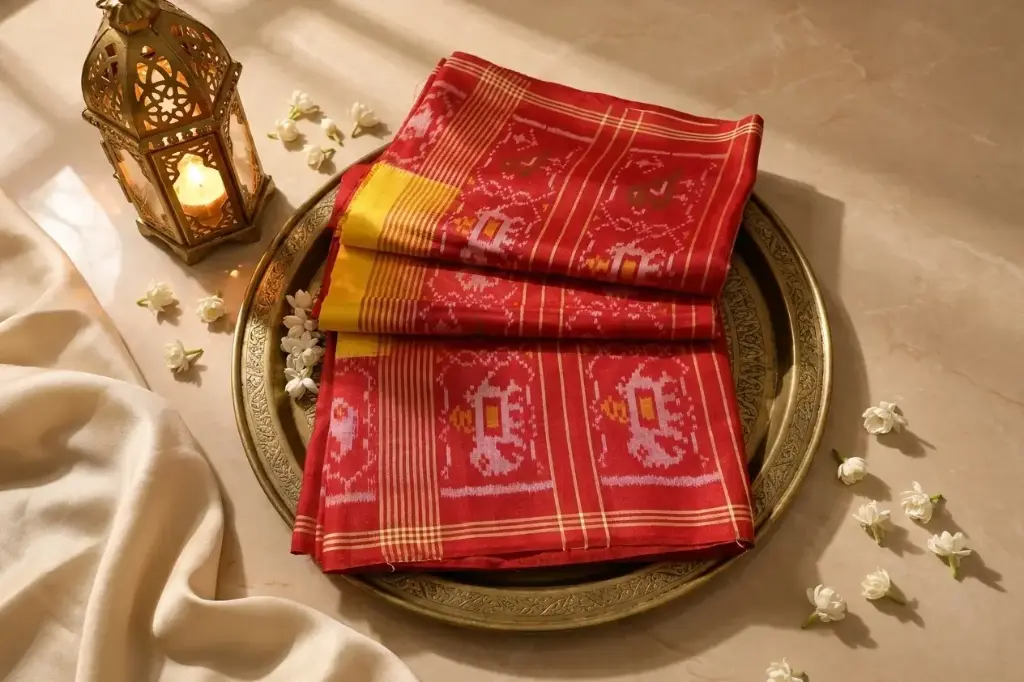 Red and Yellow Silk Semi Ikkat Patola Saree
