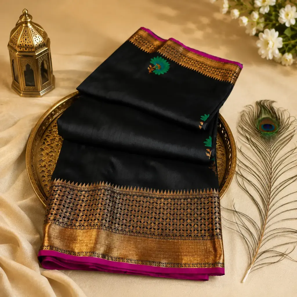 Elegant Black Silk Blend Saree with Gold Zari Border & Peacock Buti
